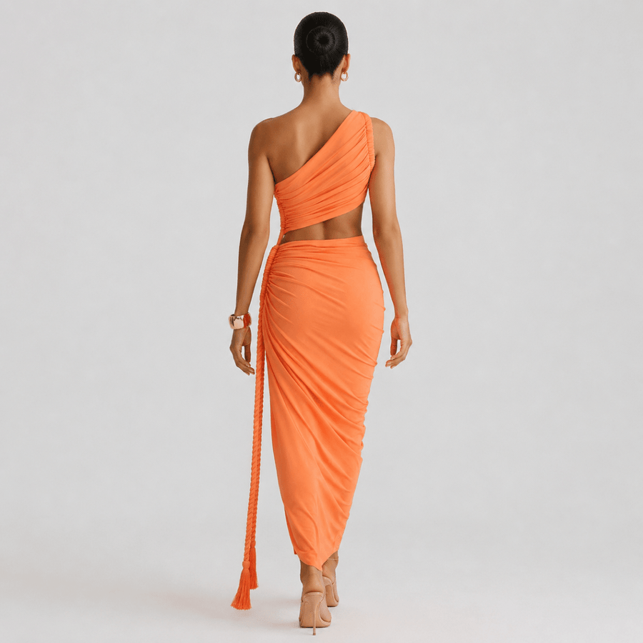 Damen-Maxikleid mit asymmetrischer Ein-Schulter-Form und Raffungen