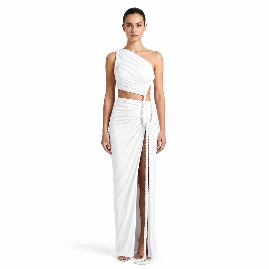 Damen-Maxikleid mit asymmetrischer Ein-Schulter-Form und Raffungen