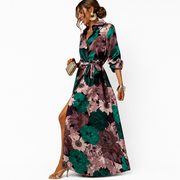 Damen Maxikleid mit Blumenmuster, Kragen und Bindegürtel