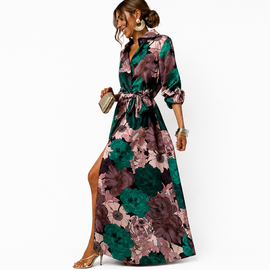Damen Maxikleid mit Blumenmuster, Kragen und Bindegürtel