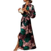 Damen Maxikleid mit Blumenmuster, Kragen und Bindegürtel