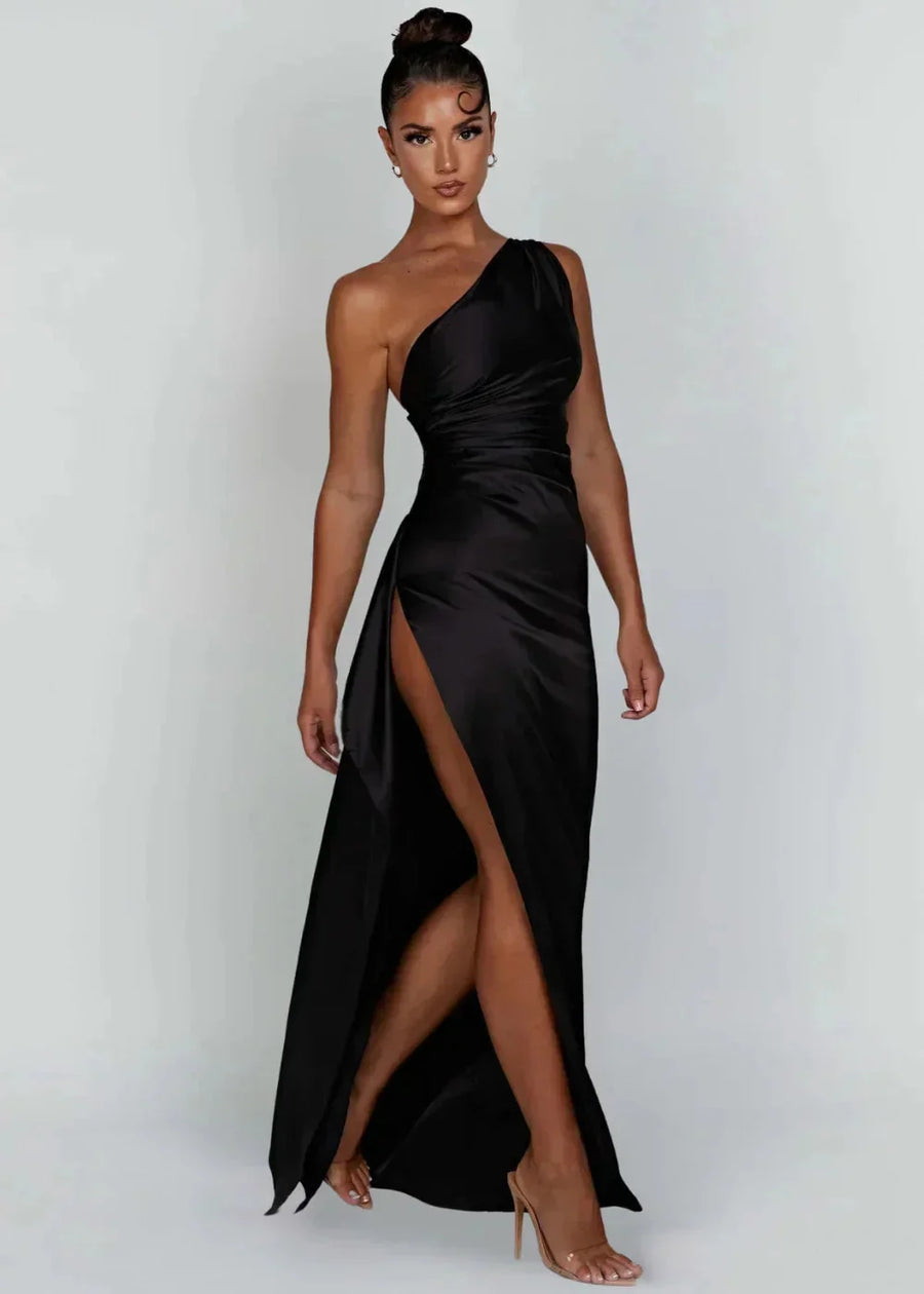 Damen Maxikleid mit Einer Schulter und Beinschlitz