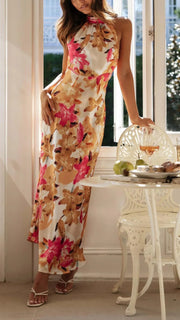 Damen Maxikleid mit Halsschleife und Blumenmuster