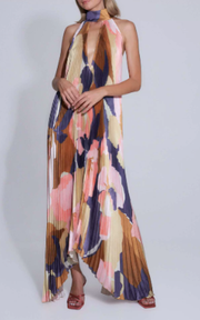 Damen Maxikleid mit Halterkragen und Plissierter Struktur