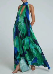 Damen Maxikleid mit Halterkragen und Plissierter Struktur