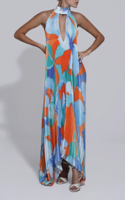 Damen Maxikleid mit Halterkragen und Plissierter Struktur