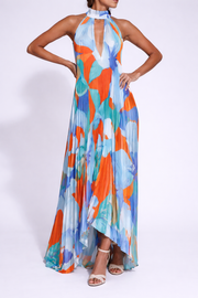 Damen Maxikleid mit Halterkragen und Plissierter Struktur