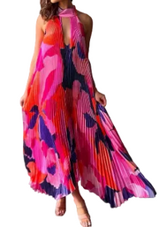 Damen Maxikleid mit Halterkragen und Plissierter Struktur