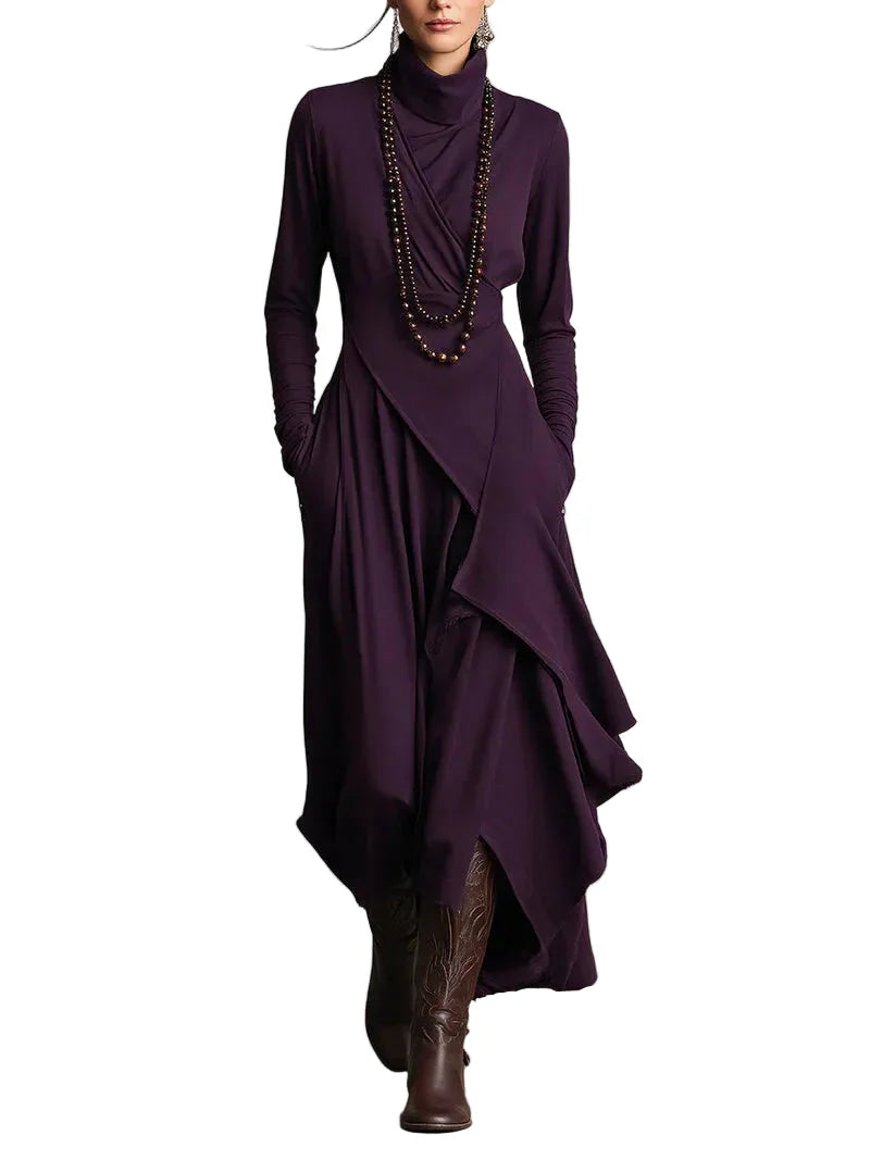 Damen Maxikleid mit hohem Kragen, asymmetrischem Saum und langen Ärmeln