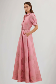 Damen Maxikleid mit Knopfleiste, kurzen Ärmeln und Taillengürtel
