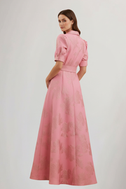 Damen Maxikleid mit Knopfleiste, kurzen Ärmeln und Taillengürtel