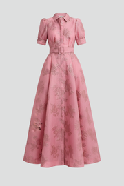 Damen Maxikleid mit Knopfleiste, kurzen Ärmeln und Taillengürtel