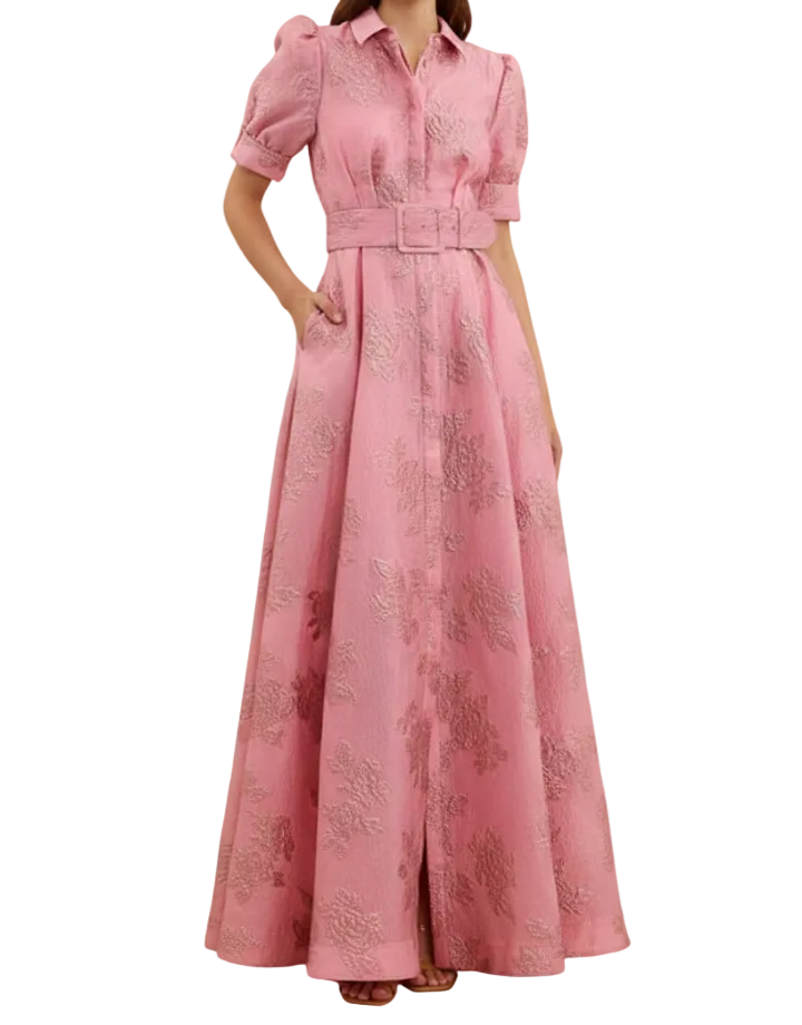 Damen Maxikleid mit Knopfleiste, kurzen Ärmeln und Taillengürtel