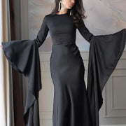 Damen Maxikleid mit Langen Ärmeln, Glockenbündchen und Drapierten Rockbahnen