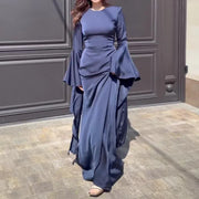 Damen Maxikleid mit Langen Ärmeln, Glockenbündchen und Drapierten Rockbahnen