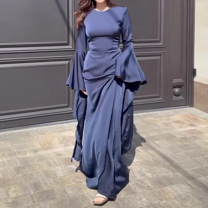 Damen Maxikleid mit Langen Ärmeln, Glockenbündchen und Drapierten Rockbahnen