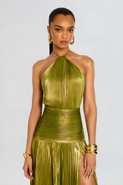 Damen Maxikleid mit Neckholder, Faltenrock und Schlitz
