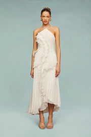 Damen Maxikleid mit Neckholder, Faltenstruktur und Rüschendetails