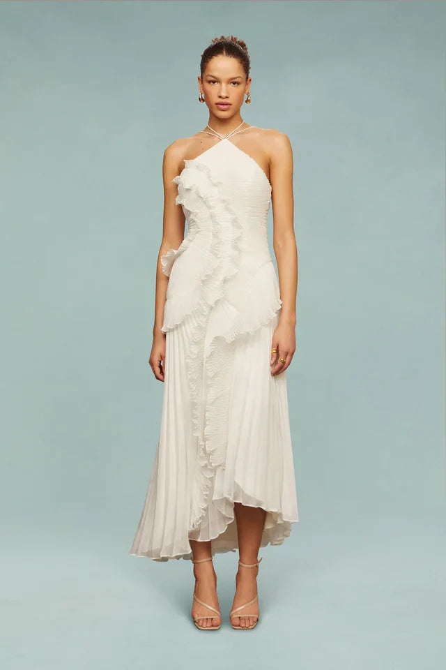 Damen Maxikleid mit Neckholder, Faltenstruktur und Rüschendetails