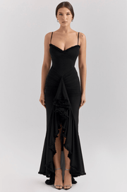 Damen Maxikleid mit Spaghettiträgern und Rüschensaum
