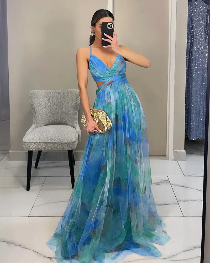 Damen Maxikleid mit Spaghettiträgern, Wickeloberteil und Taillenausschnitt
