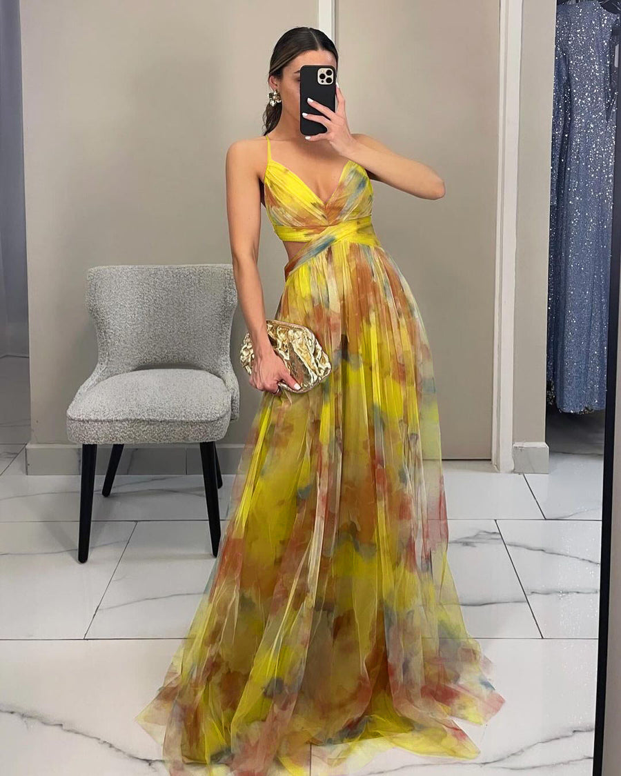 Damen Maxikleid mit Spaghettiträgern, Wickeloberteil und Taillenausschnitt