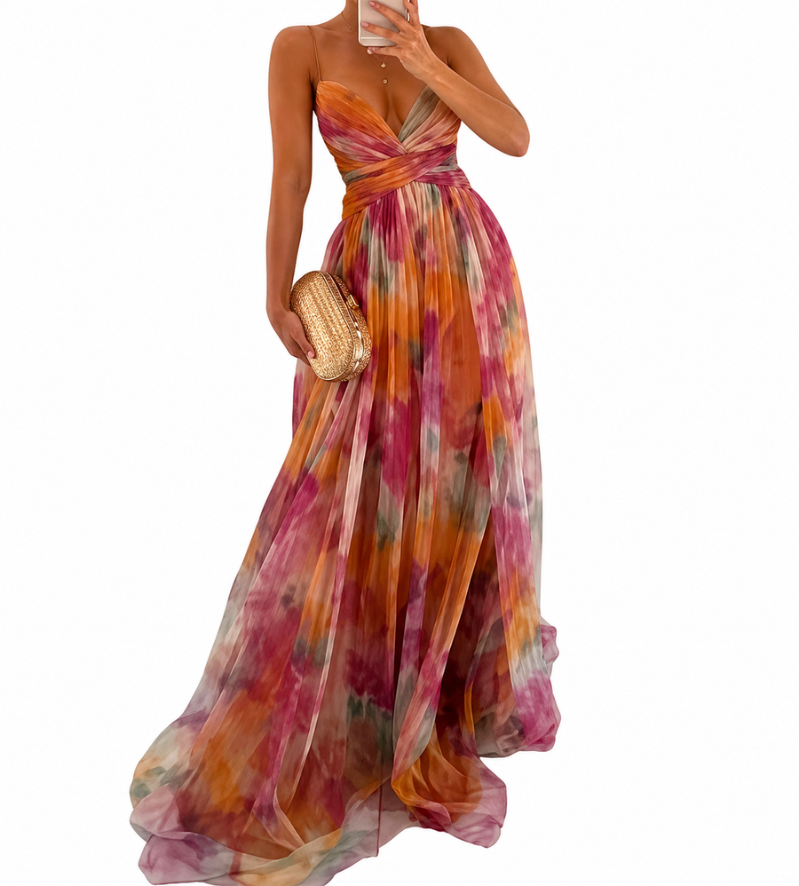Damen Maxikleid mit Spaghettiträgern, Wickeloberteil und Taillenausschnitt