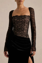 Damen Maxikleid mit Spitzenoberteil und Schlitzrock