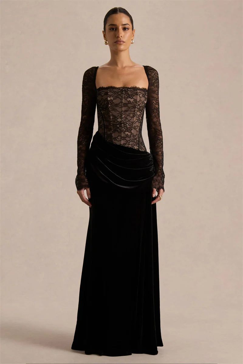 Damen Maxikleid mit Spitzenoberteil und Schlitzrock