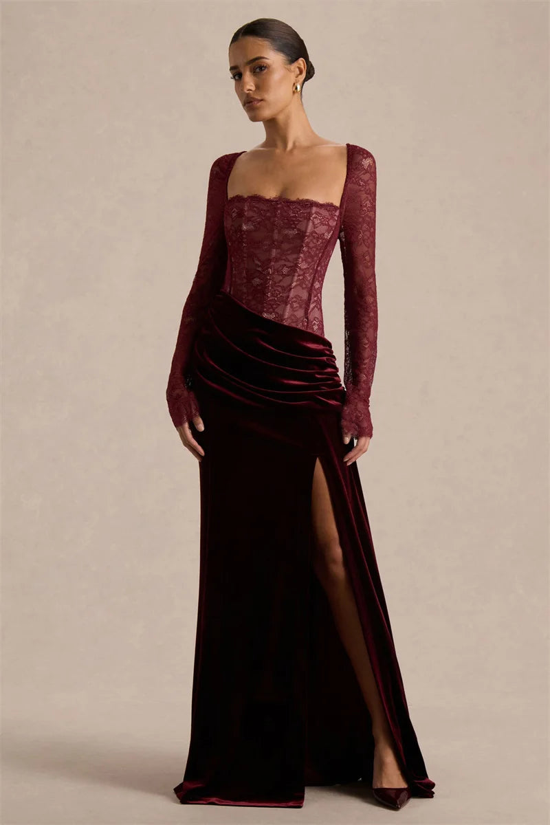 Damen Maxikleid mit Spitzenoberteil und Schlitzrock