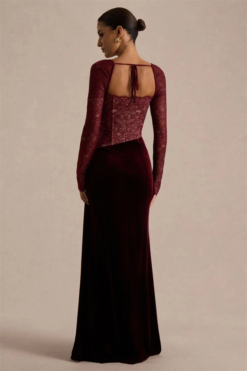 Damen Maxikleid mit Spitzenoberteil und Schlitzrock