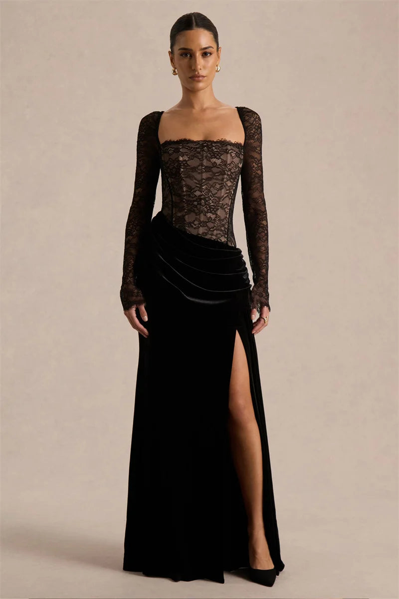 Damen Maxikleid mit Spitzenoberteil und Schlitzrock