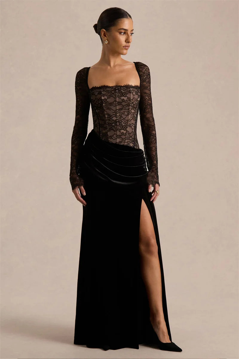 Damen Maxikleid mit Spitzenoberteil und Schlitzrock