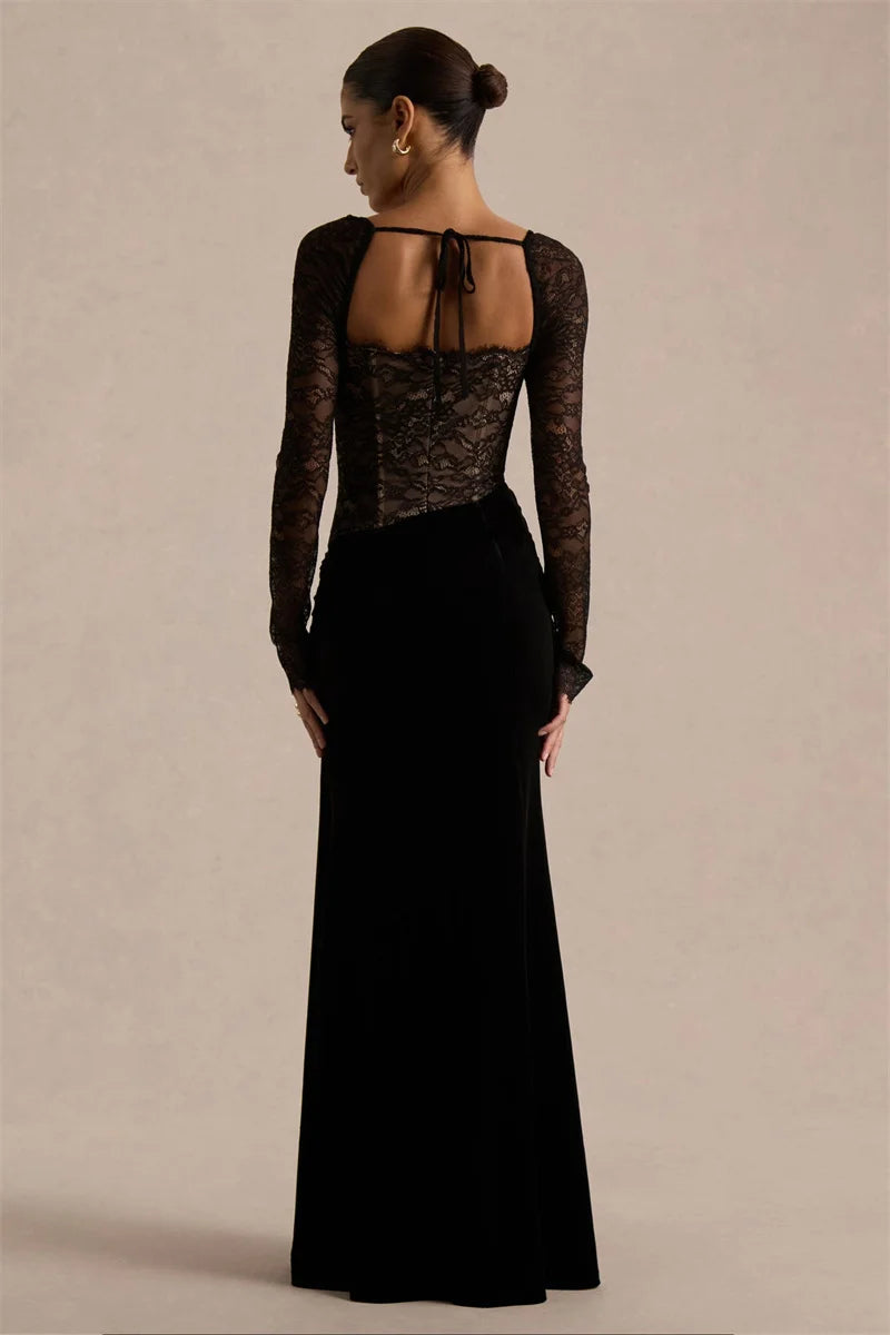 Damen Maxikleid mit Spitzenoberteil und Schlitzrock