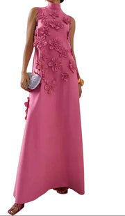 Damen Maxikleid mit Stehkragen und Blumenapplikationen