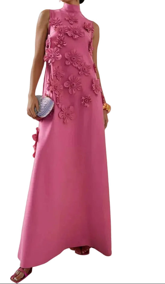 Damen Maxikleid mit Stehkragen und Blumenapplikationen