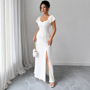 Damen Maxikleid mit Strukturmuster und Frontschlitz