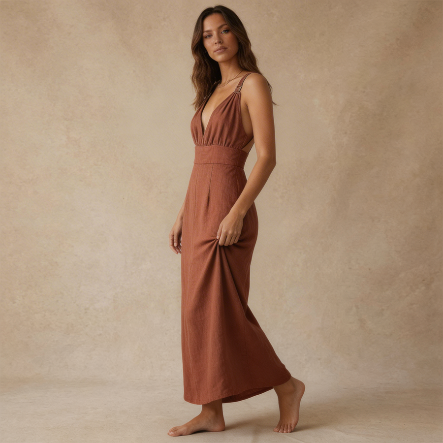 Damen Maxikleid mit Tiefem V-Ausschnitt
