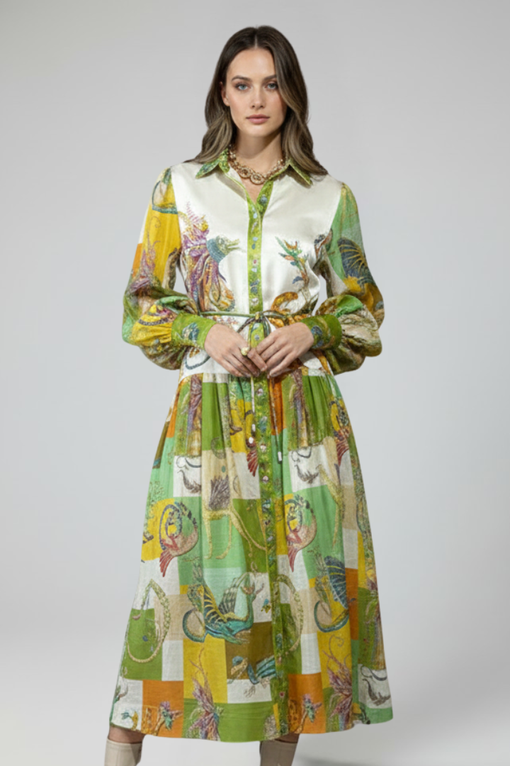 Damen Maxikleid mit V-Ausschnitt, langen Ärmeln und Taillenbindung