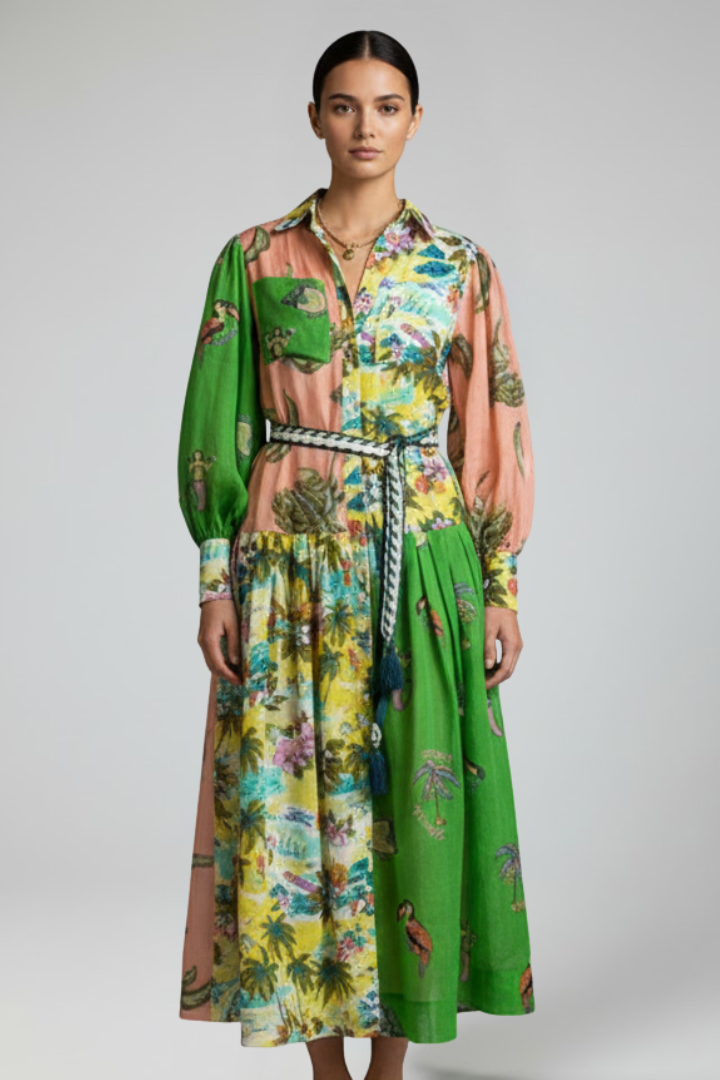 Damen Maxikleid mit V-Ausschnitt, langen Ärmeln und Taillenbindung