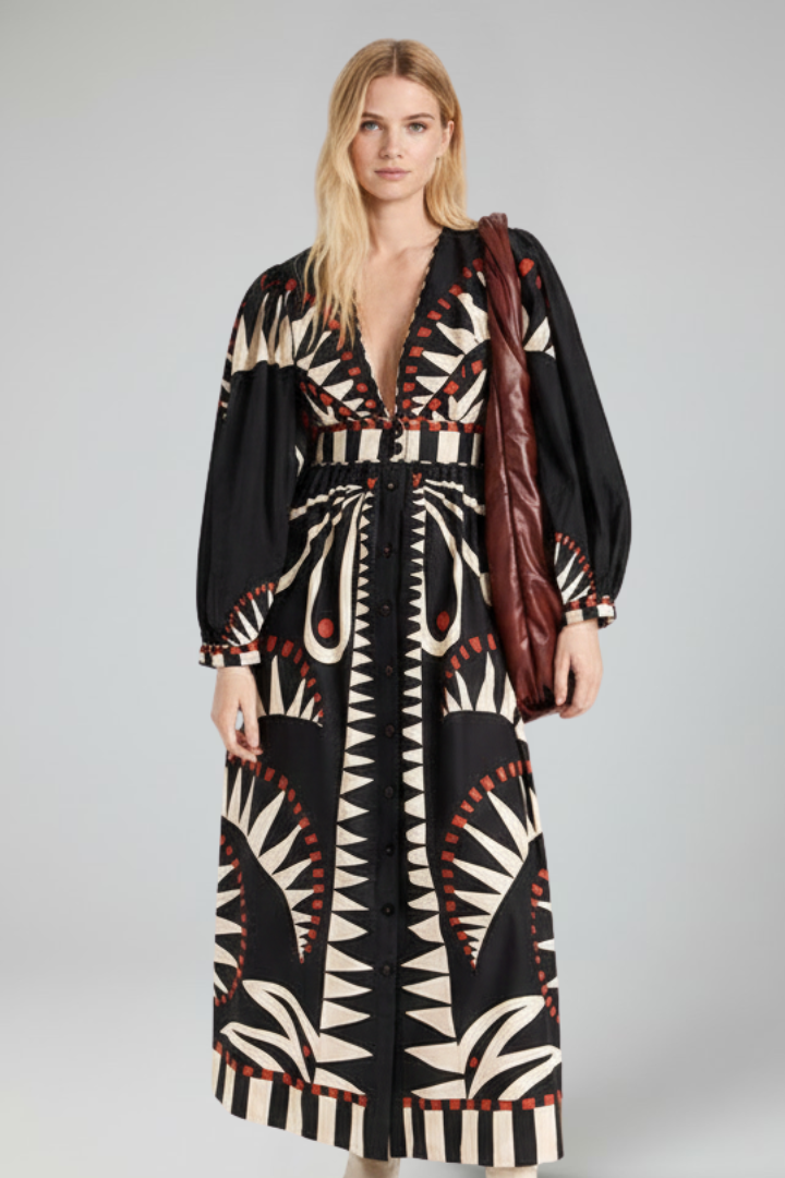 Damen Maxikleid mit V-Ausschnitt, langen Ärmeln und Taillenbindung