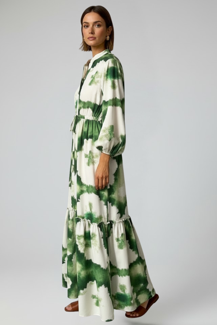 Damen Maxikleid mit V-Ausschnitt, langen Ärmeln und Taillenbindung