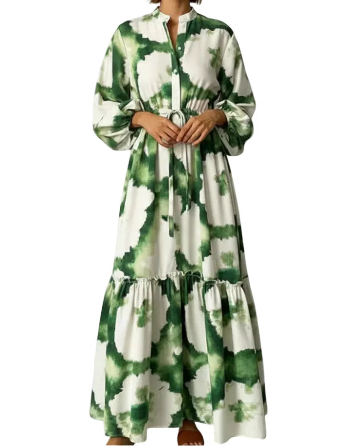Damen Maxikleid mit V-Ausschnitt, langen Ärmeln und Taillenbindung