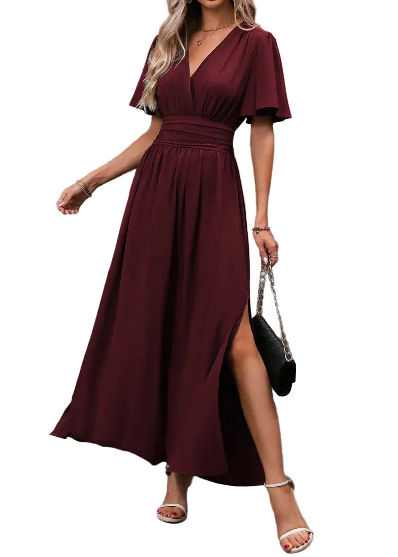 Damen Maxikleid mit V-Ausschnitt und Flügelärmeln