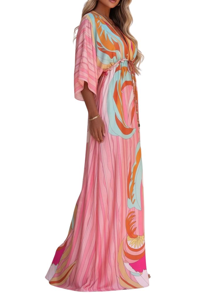 Damen Maxikleid mit V-Ausschnitt und Taillenzug