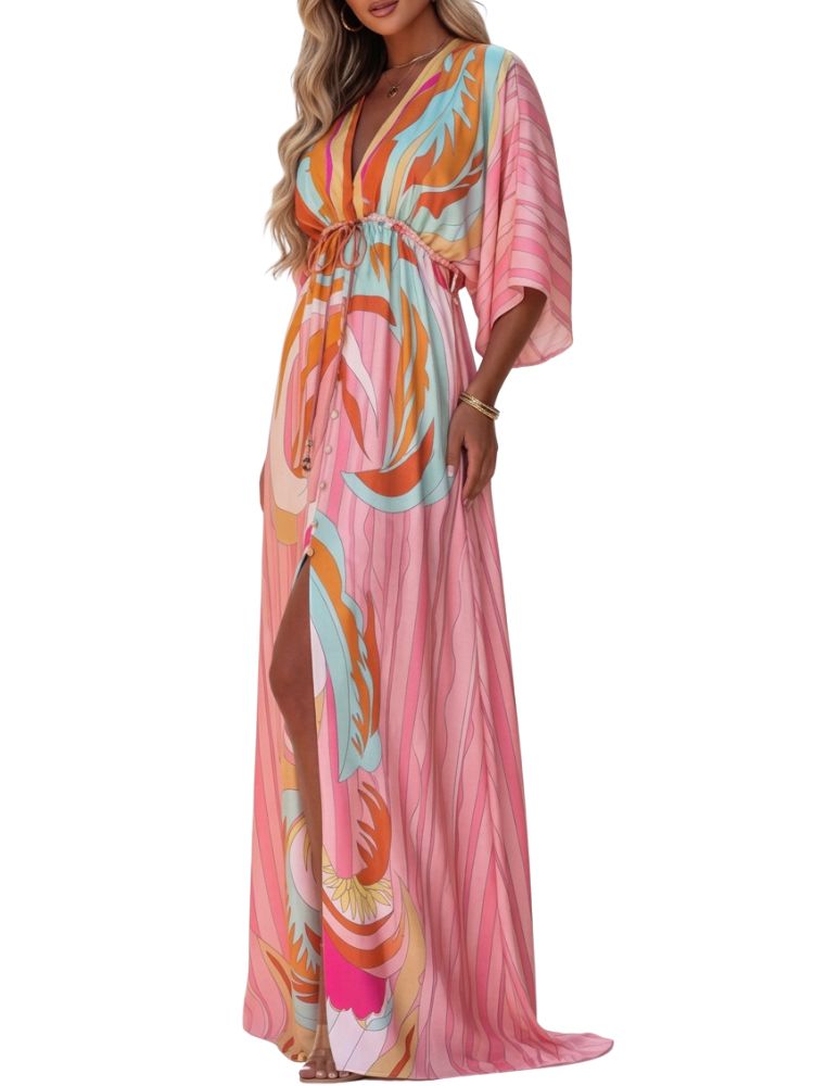Damen Maxikleid mit V-Ausschnitt und Taillenzug