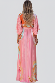 Damen Maxikleid mit V-Ausschnitt, weiten Ärmeln und Taillenband