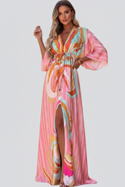 Damen Maxikleid mit V-Ausschnitt, weiten Ärmeln und Taillenband