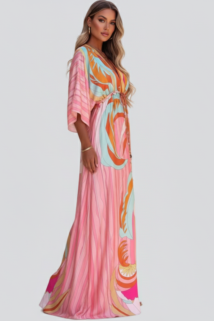 Damen Maxikleid mit V-Ausschnitt, weiten Ärmeln und Taillenband