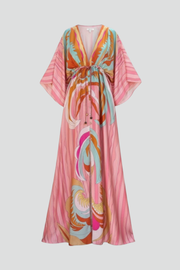 Damen Maxikleid mit V-Ausschnitt, weiten Ärmeln und Taillenband